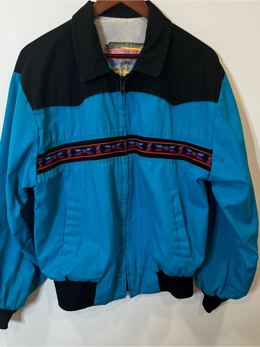 Vintage Santa Fe Trail Jacket MEDIUM Turquoise Black Zip-Up Aztec Stripe